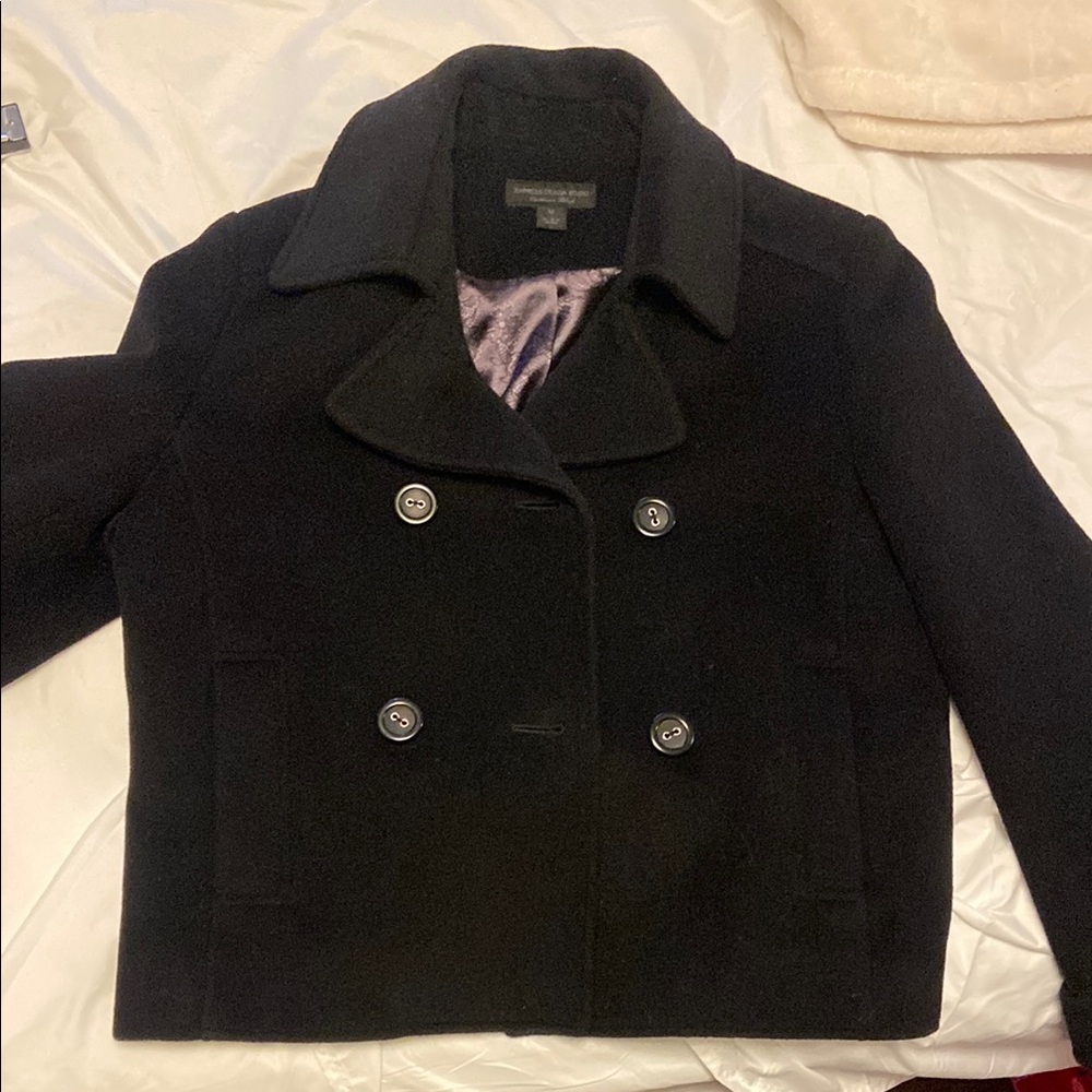 Express Black Double-Breasted Pea Coat with Wide Collar